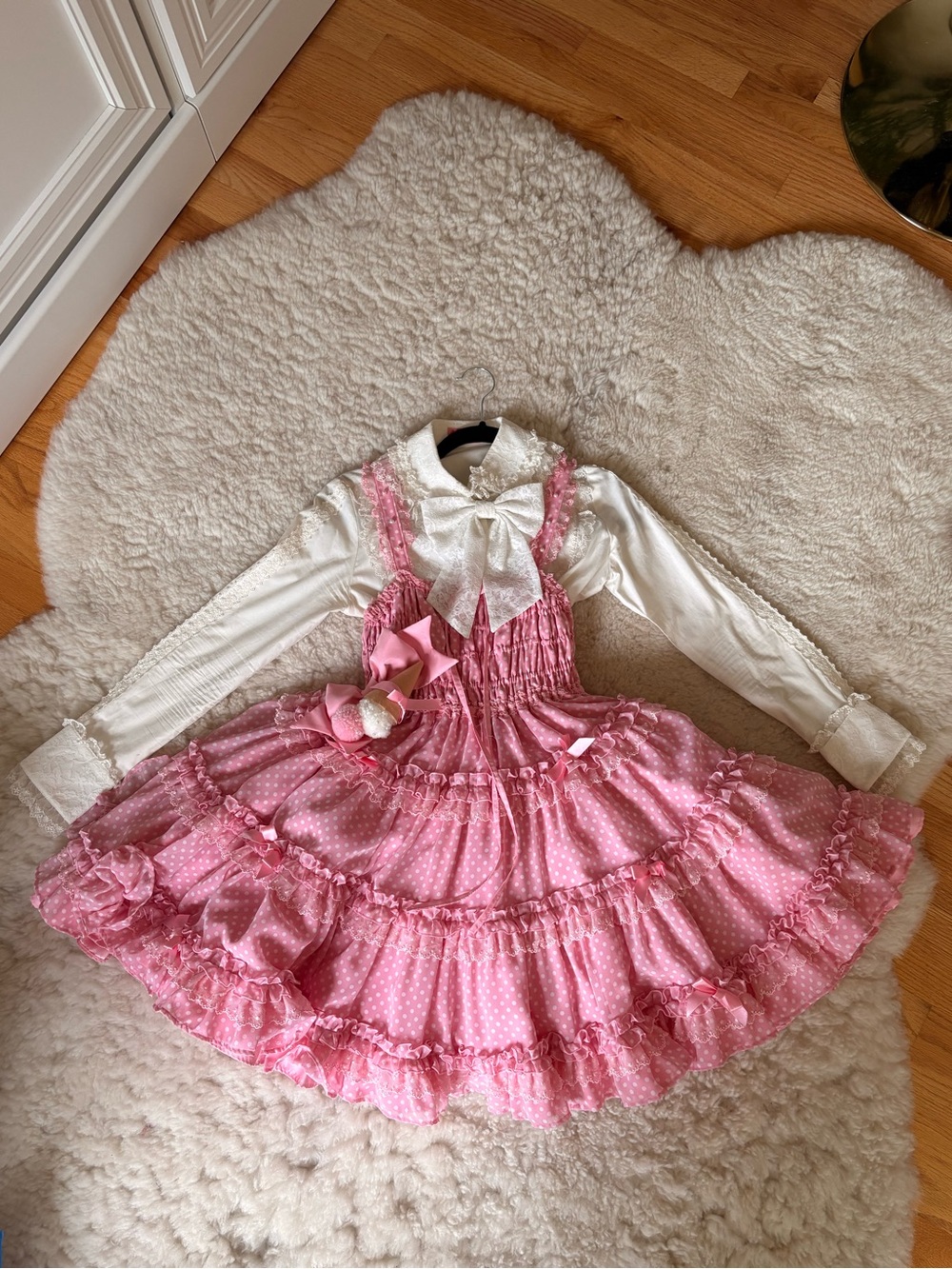 Angelic Pretty Pink Polka Dot Ruffled Jumper with White Lacy Bow Blouse